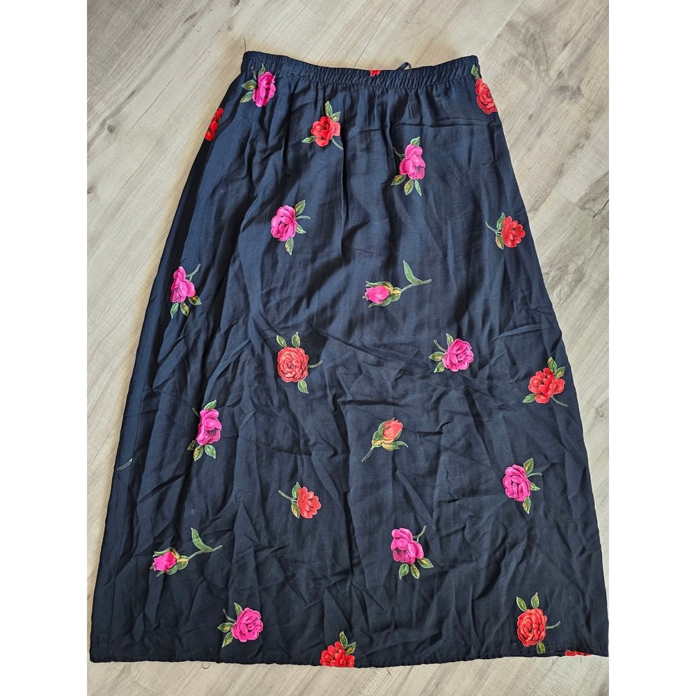 Vintage 90s Floral Rose Maxi Skirt Black Pink Red Rayon Elastic Waist Size 6